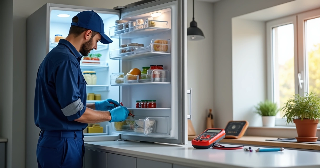 Técnico especializado consertando geladeira aberta em cozinha residencial moderna