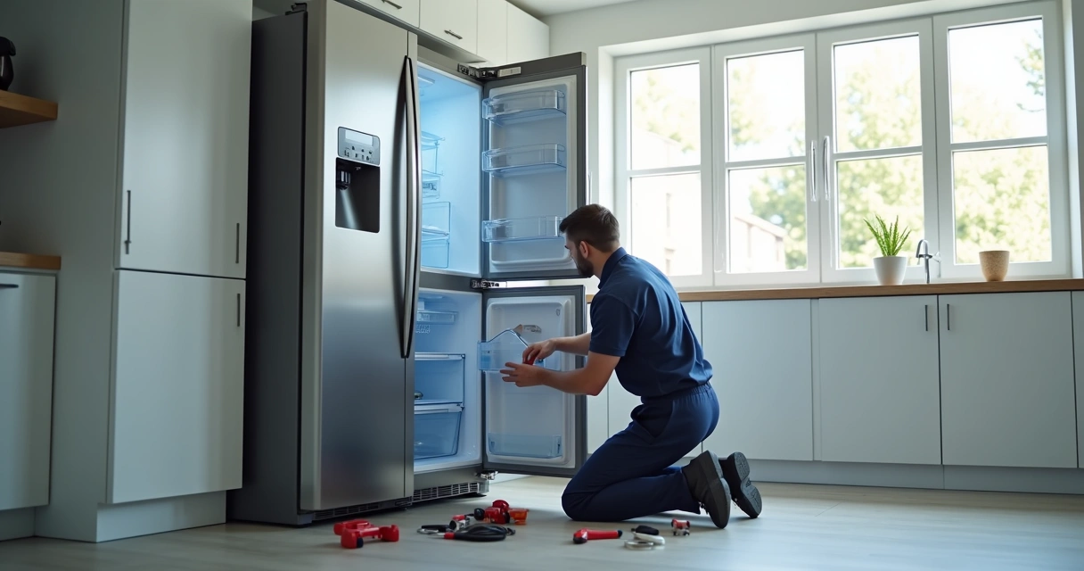 Técnico consertando geladeira aberta em cozinha moderna, com ferramentas à mão e partes internas visíveis