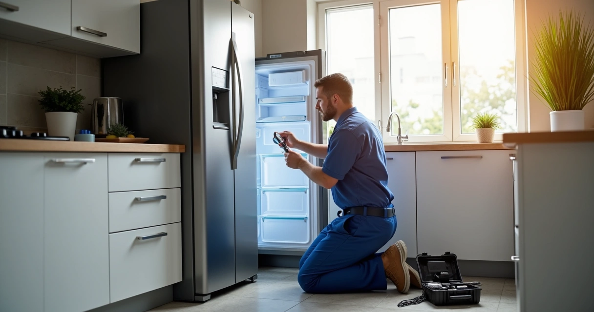 Técnico realizando conserto de geladeira na cozinha residencial com ferramentas e equipamento ao redor