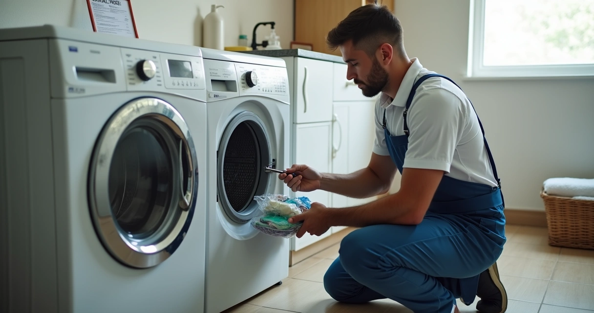 Técnico ajustando máquina de lavar antiga em lavanderia residencial
