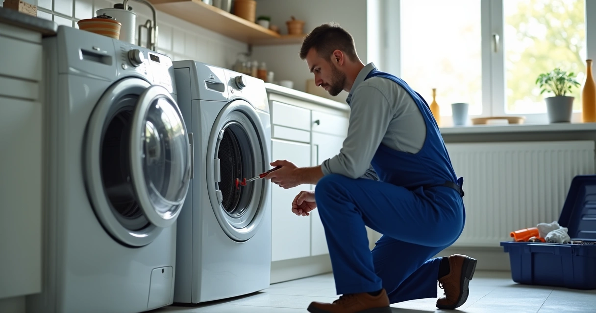 Técnico especializado consertando máquina de lavar em ambiente residencial, ferramentas ao redor
