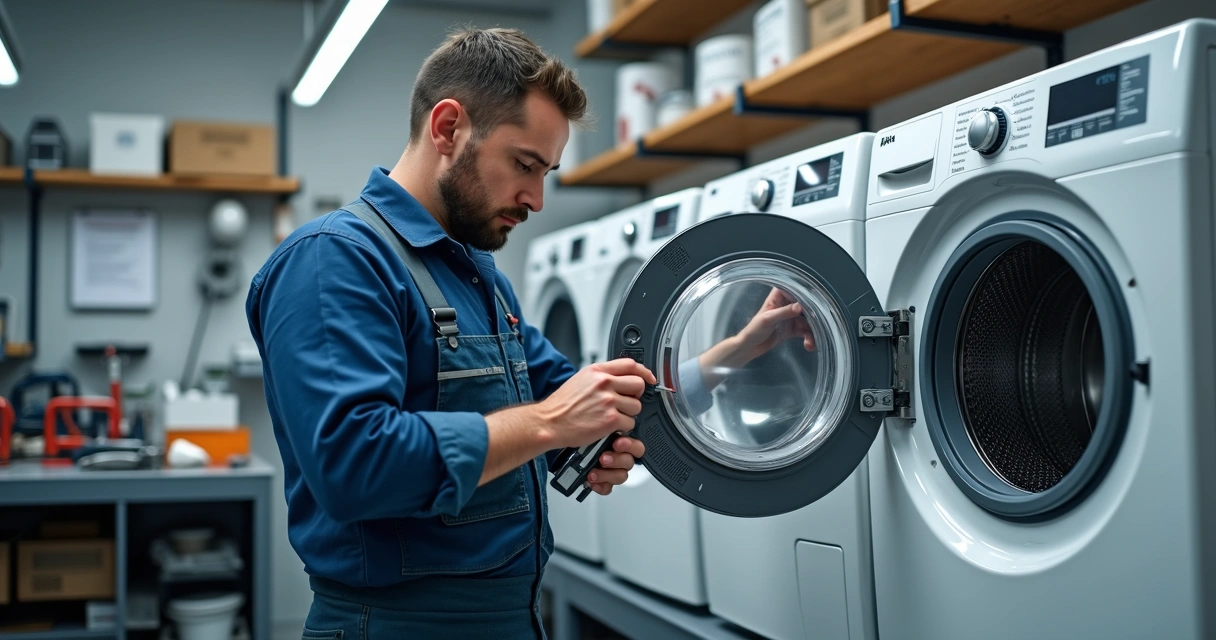 Técnico consertando máquina de lavar roupas com ferramentas em ambiente de oficina
