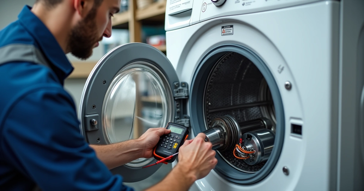 Técnico consertando máquina de lavar aberta com ferramentas em ambiente de oficina técnica