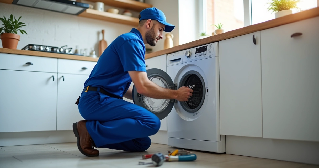 Técnico consertando máquina de lavar roupas em cozinha residencial