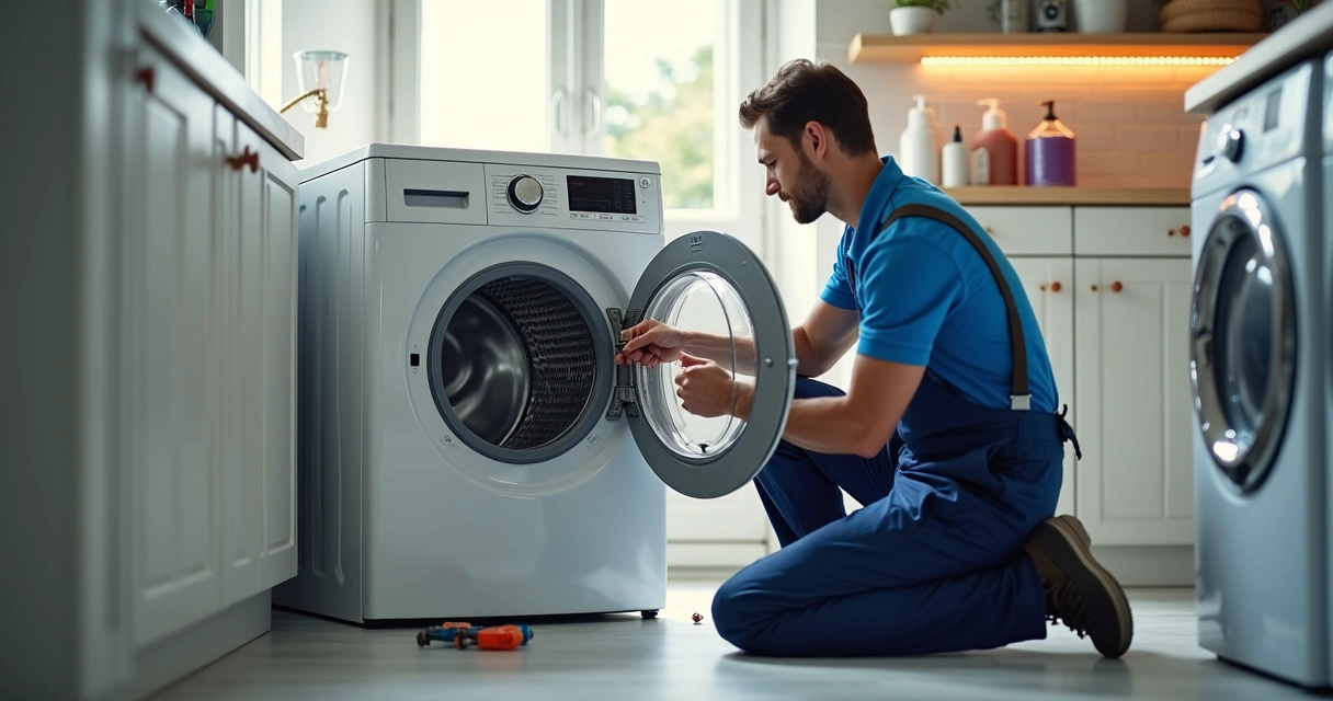 Técnico especializado realizando conserto em máquina de lavar roupas aberta em ambiente residencial