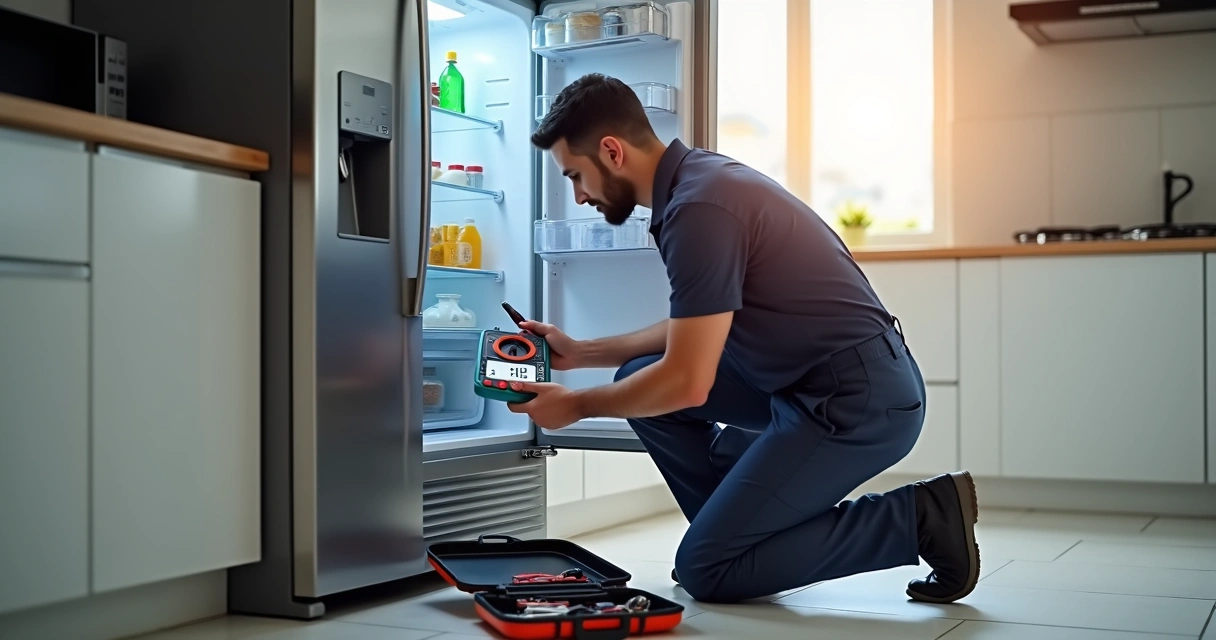 Técnico especializado verifica geladeira aberta na cozinha de uma casa
