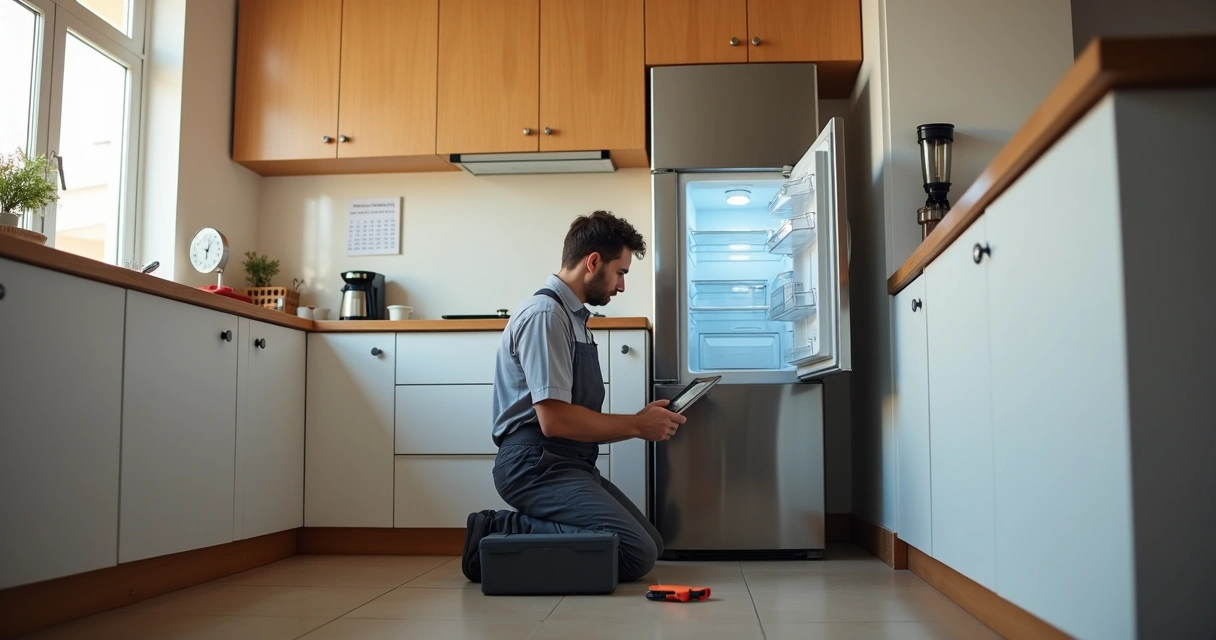 Técnico de assistência avaliando geladeira em cozinha moderna em Curitiba