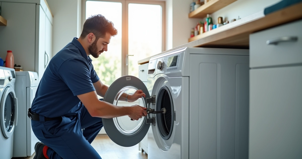 Técnico especializado instalando máquina de lavar roupa em ambiente residencial, com ferramentas e equipamentos ao redor, cozinha moderna ao fundo