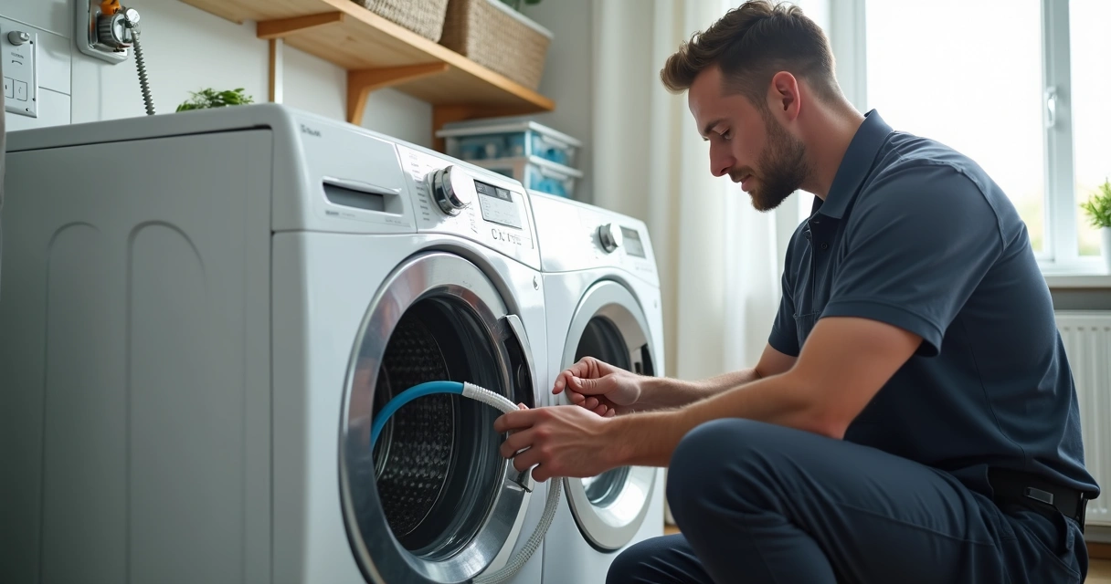 Técnico especializado instalando máquina de lavar roupa moderna em residência com atenção e equipamentos profissionais