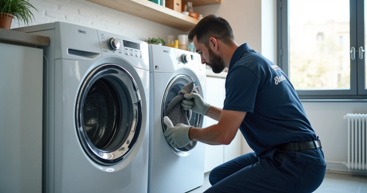 Técnico realizando limpeza profissional em máquina lava e seca branca em ambiente residencial