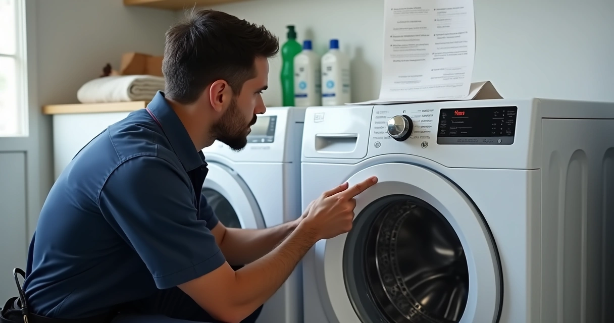 Técnico avaliando painel de máquina de lavar para identificar erro de configuração ou defeito real