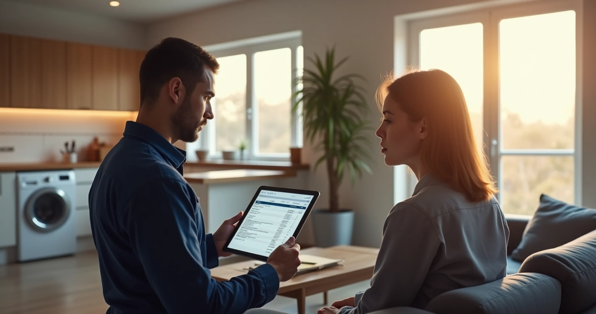 Técnico em serviço realizando orçamento ao cliente com tablet em ambiente residencial moderno