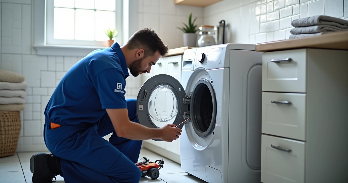 Técnico consertando uma máquina de lavar roupa Electrolux em ambiente residencial