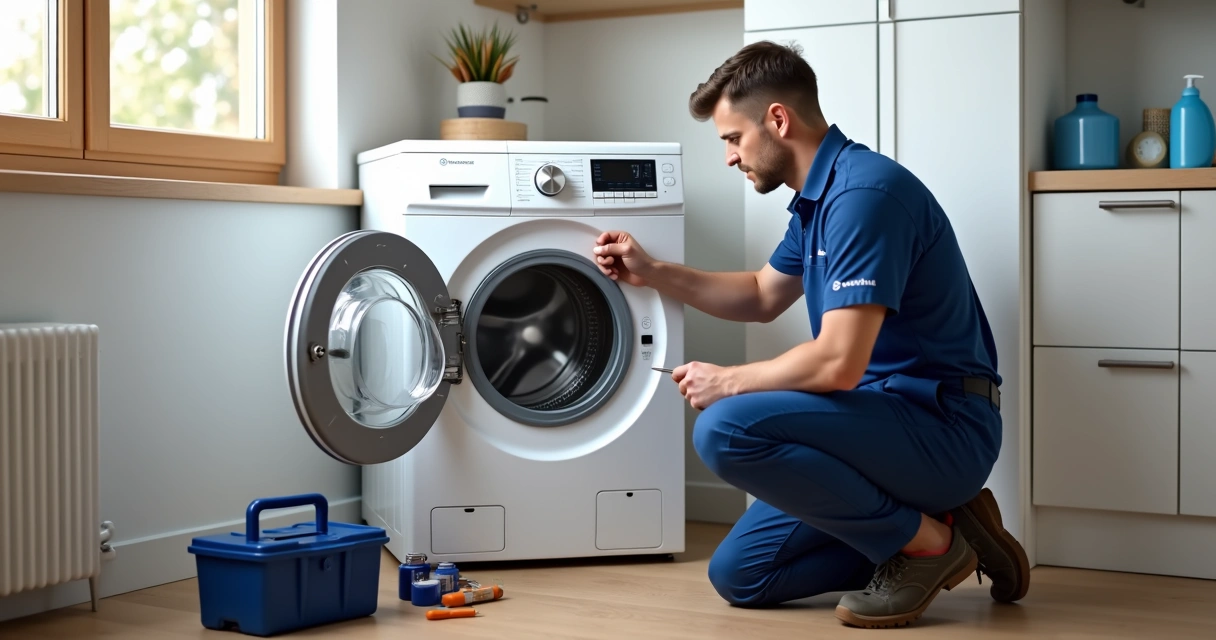 Técnico reparando uma máquina de lavar Electrolux aberta em ambiente residencial com ferramentas ao redor