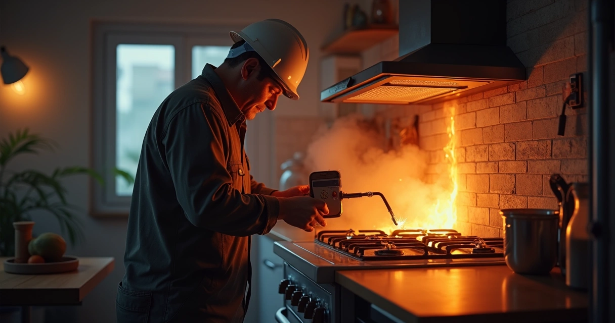 Técnico usando detector para identificar vazamento de gás em fogão na cozinha residencial