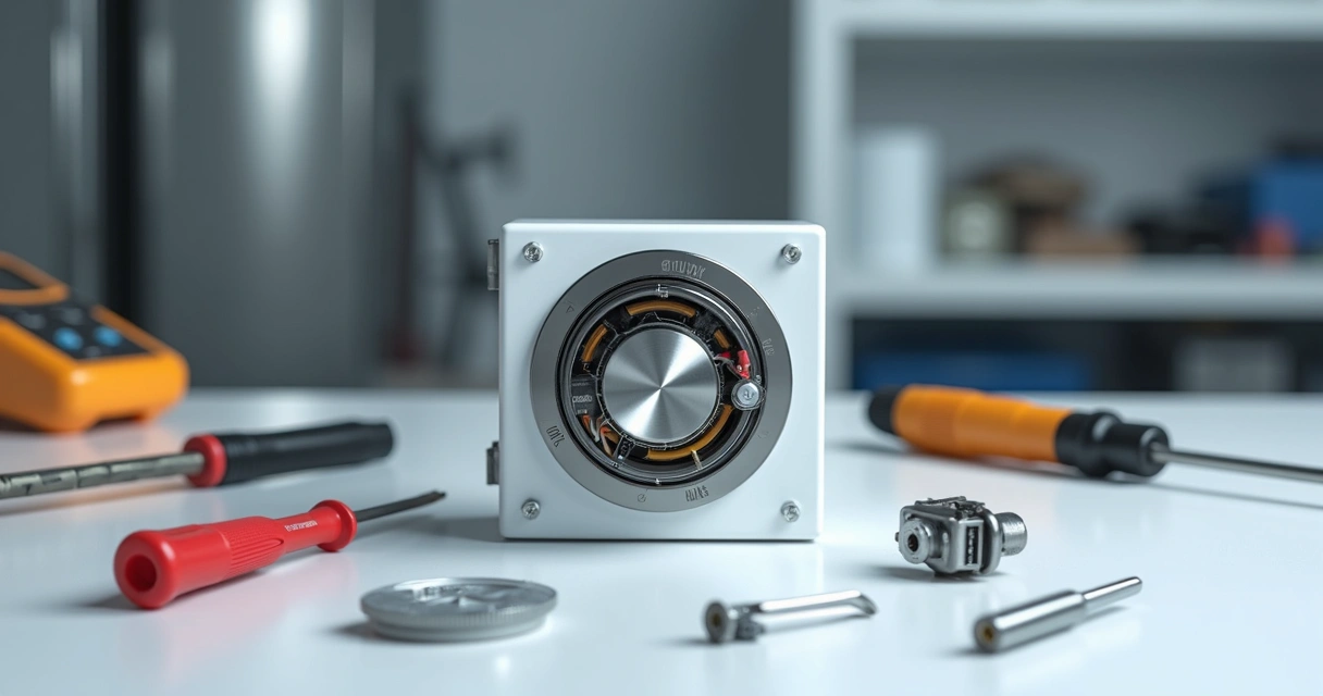 Termostato e componentes internos de geladeira desmontada sobre bancada branca