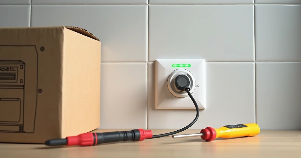 Testador simples de voltagem encostado em tomada de cozinha ao lado de novo eletrodoméstico