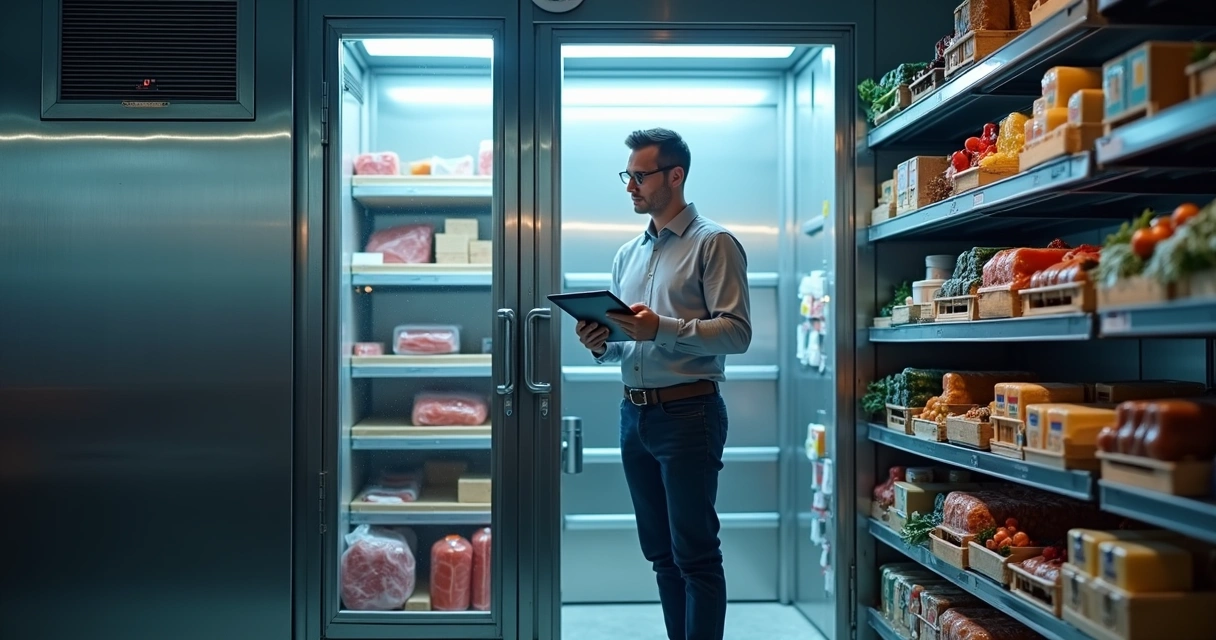 Gestor avaliando câmara fria cheia de alimentos em estoque comercial