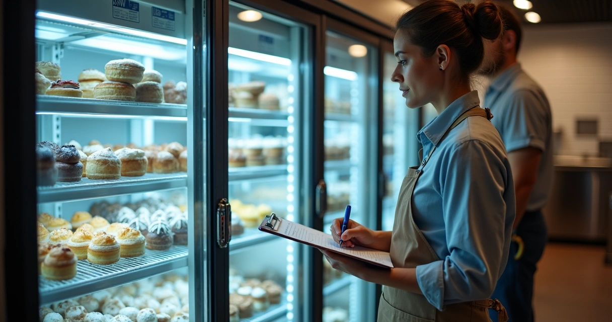 Gestor conferindo checklist diante de vitrine refrigerada acesa em ambiente comercial