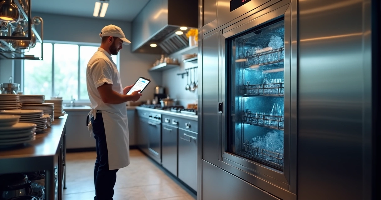 Chef observando lava-louças industrial em funcionamento em cozinha profissional