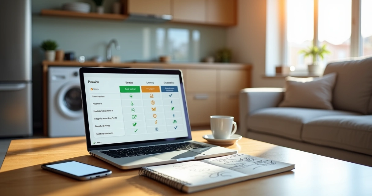 Consumidor pesquisando comparativo de assistência técnica de marcas de eletrodomésticos no notebook