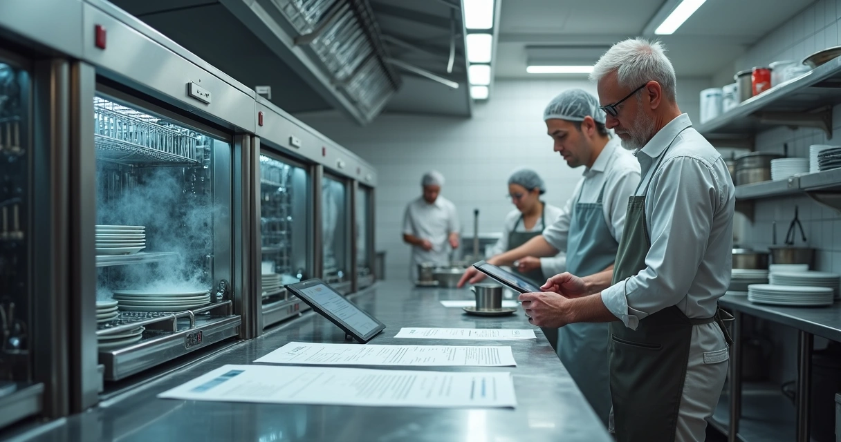 Gestor em cozinha industrial analisando painel de lava-louças grande