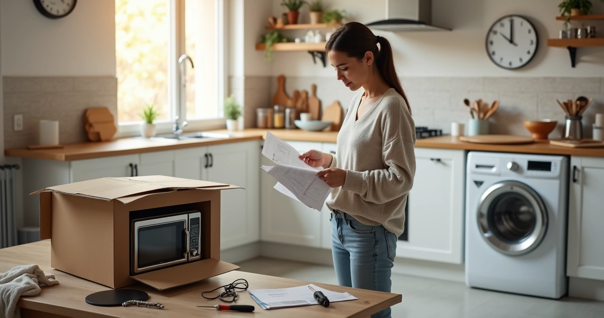 Dona de casa avaliando entre consertar ou trocar eletrodoméstico