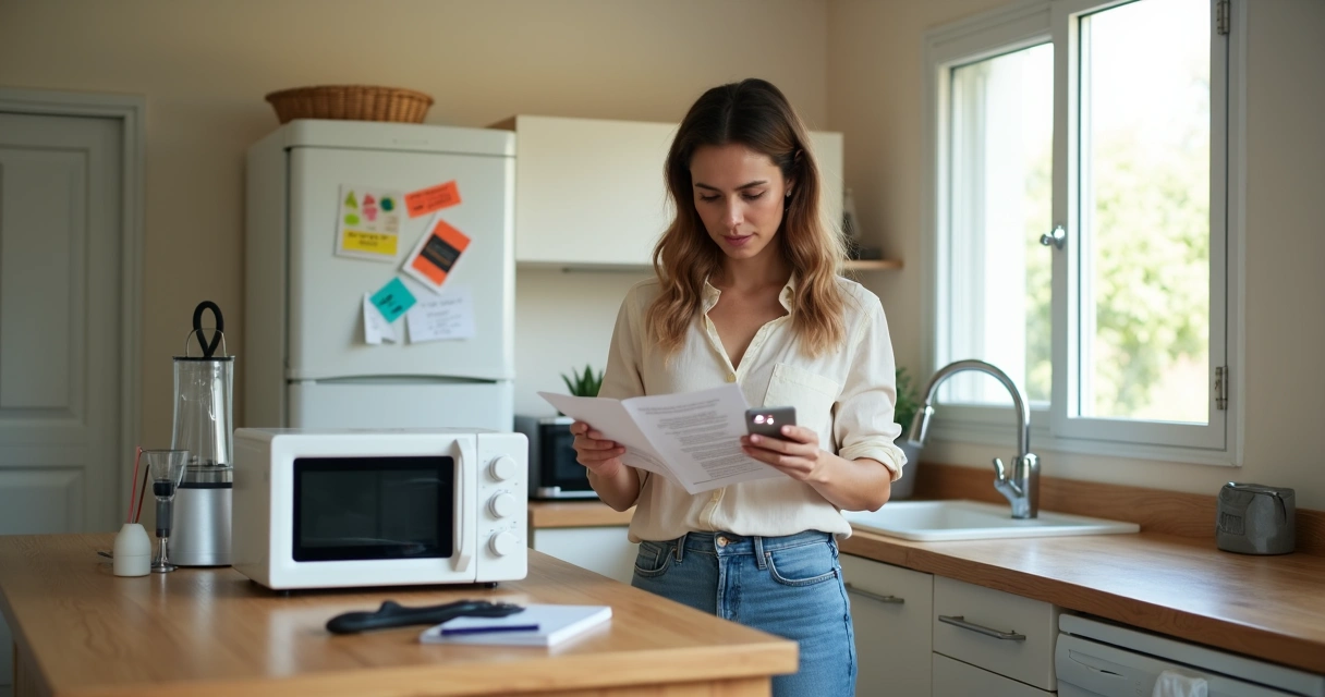 Dona de casa avaliando manual ao lado de pequenos eletrodomésticos na cozinha