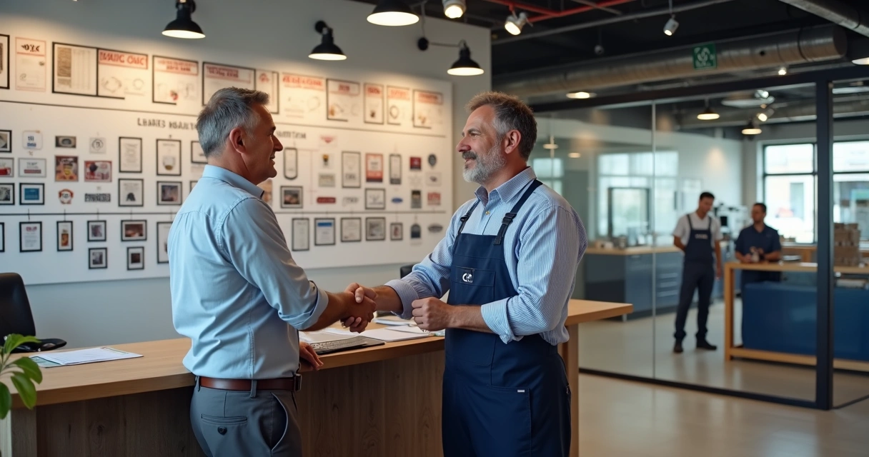 Equipe de assistência técnica experiente reunida em frente a mural de certificados e clientes atendidos