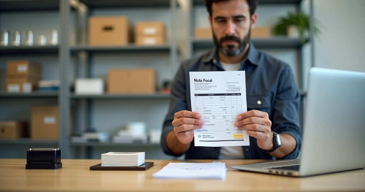 Gestor de assistência técnica conferindo nota fiscal em frente ao balcão do escritório
