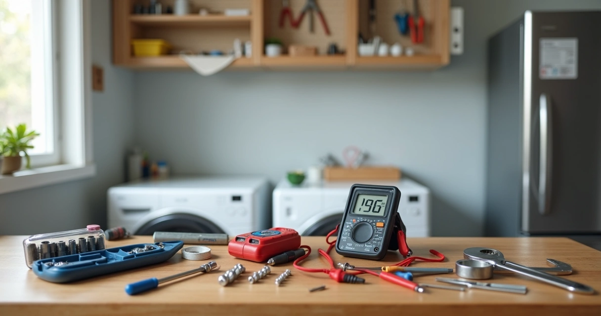 Kit de ferramentas básicas organizado ao lado de pequenos eletrodomésticos