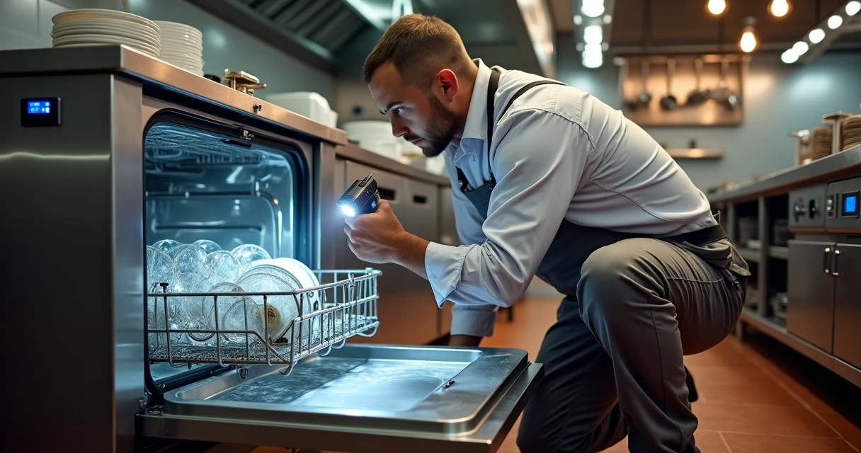 Técnico analisando lava-louças comercial aberta em cozinha industrial