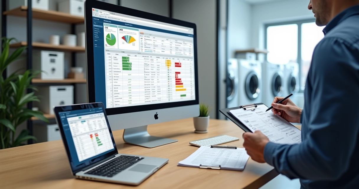 Gestor analisando painel com registros de manutenção de eletrodomésticos em ambiente comercial