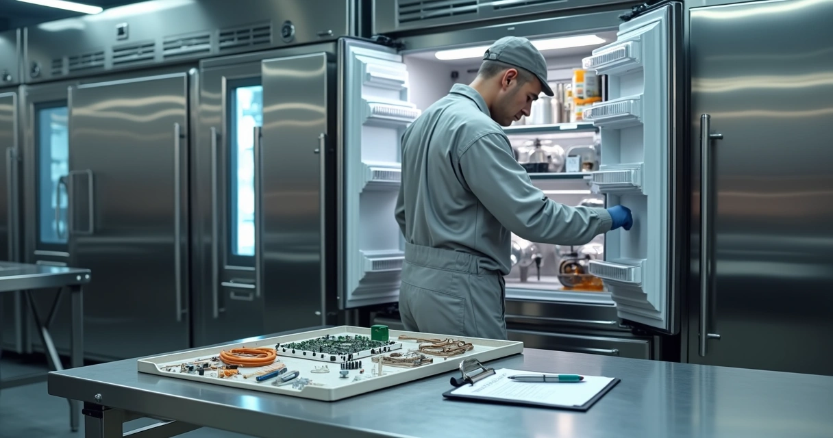 Técnico conferindo peças substituídas em refrigerador industrial aberto em área comercial