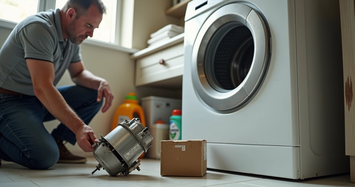 Técnico substituindo peça original em máquina de lavar antiga em lavanderia residencial