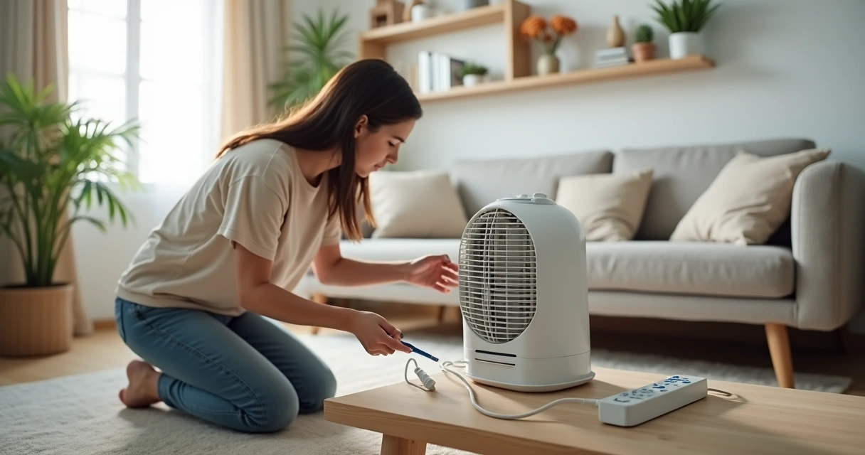 Mulher verificando ventilador de mesa com cuidado ao lado de filtro de linha desligado