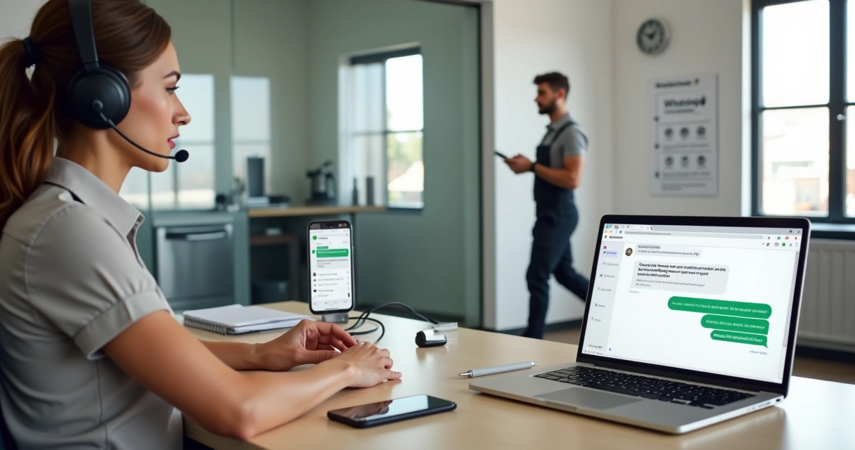 Atendente de assistência técnica respondendo pedido de conserto pelo WhatsApp no notebook