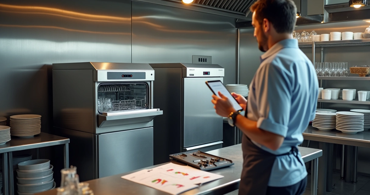 Gestor analisando duas máquinas de lavar louça industriais lado a lado em cozinha profissional