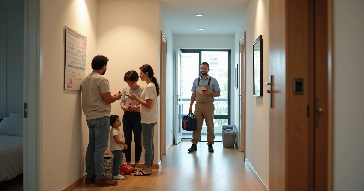 Família olha calendário enquanto técnico de assistência toca a campainha