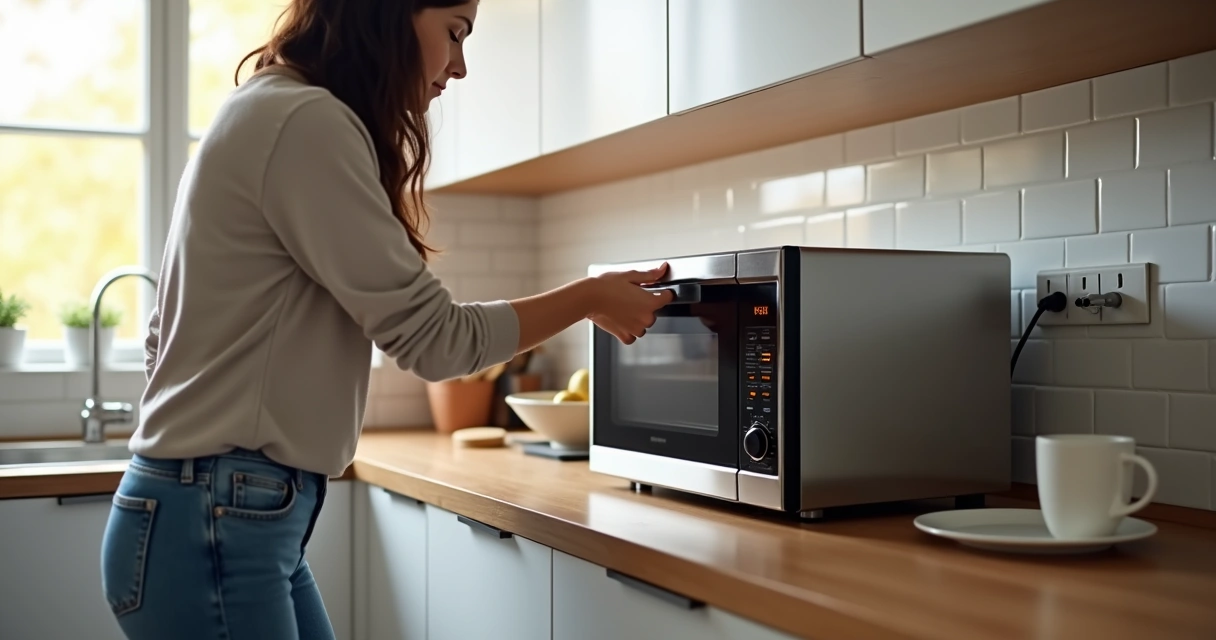 Pessoa verificando painel de micro-ondas parado em cozinha residencial moderna