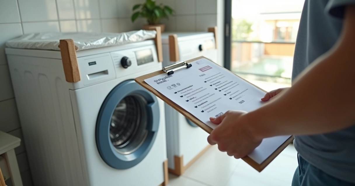 Pessoa segurando checklist ao lado de máquina de lavar nova ainda embalada.