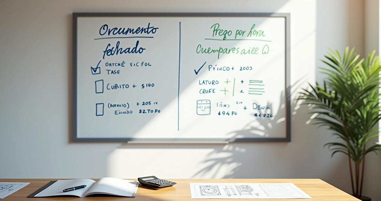 Quadro branco mostrando comparação entre orçamento fechado e preço por hora para conserto de eletrodomésticos