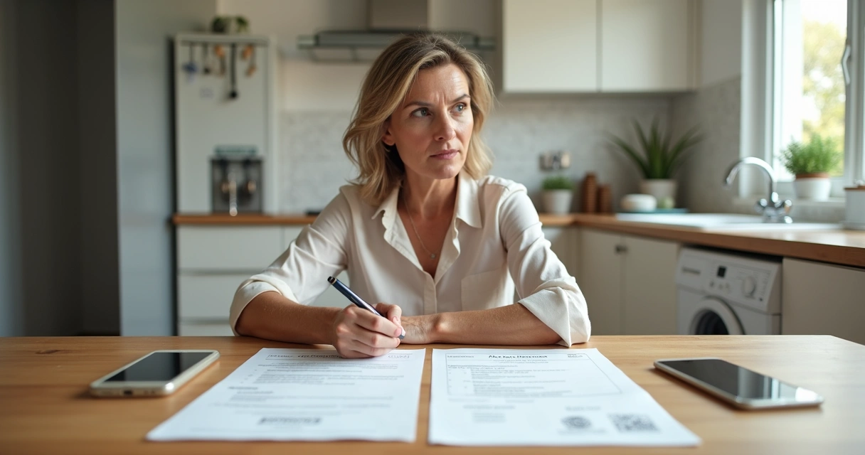 Dona de casa avaliando orçamentos de técnico autônomo e assistência técnica na mesa da cozinha