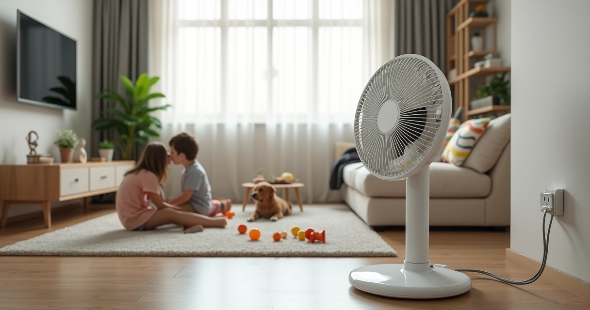Sala com ventilador portátil posicionado de forma segura longe de cortinas e crianças