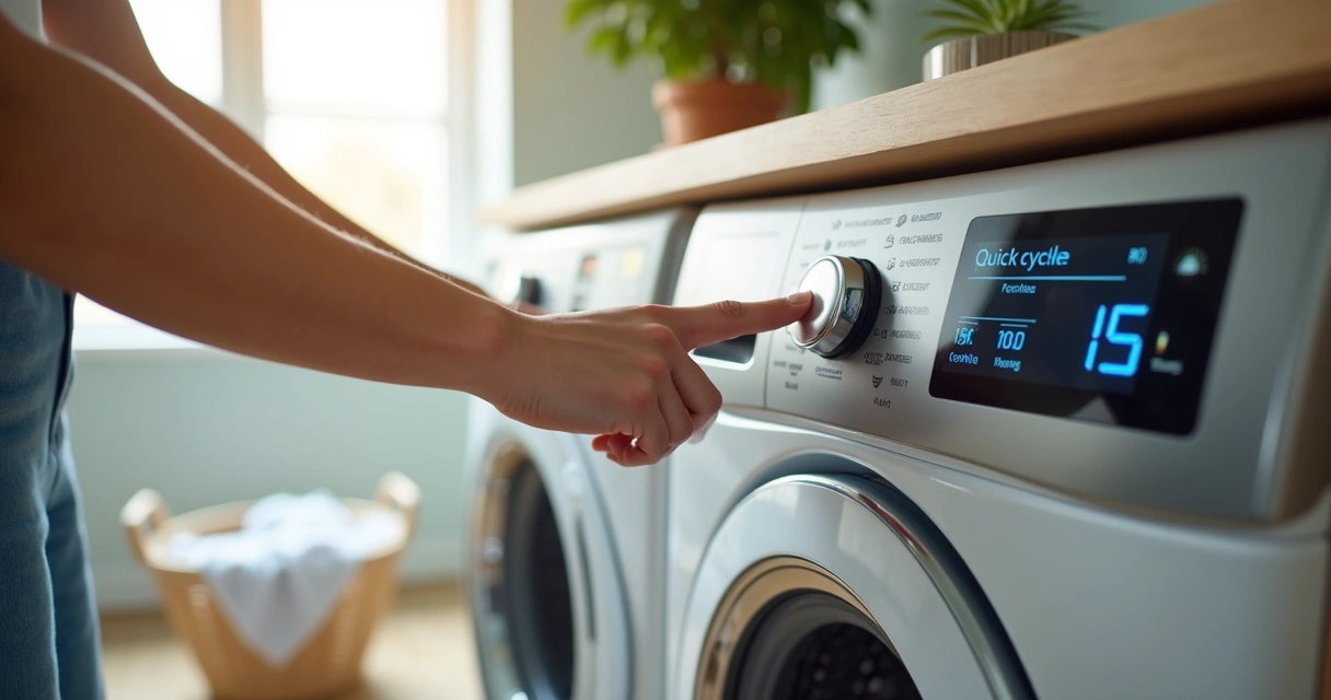 Mulher ajustando ciclo rápido em máquina de lavar com timer digital em destaque