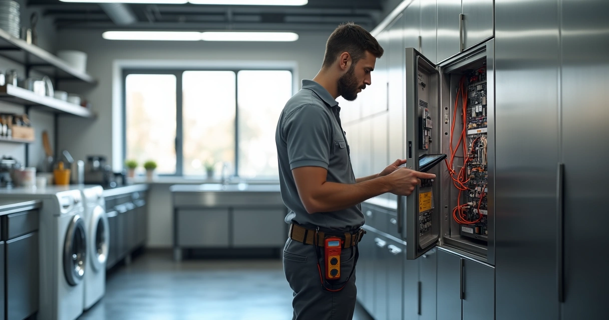 Técnico especializado avalia painel de equipamentos em cozinha industrial limpa