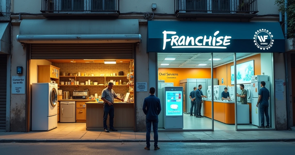 Cliente observa lado a lado oficina de bairro e centro de franquia moderna