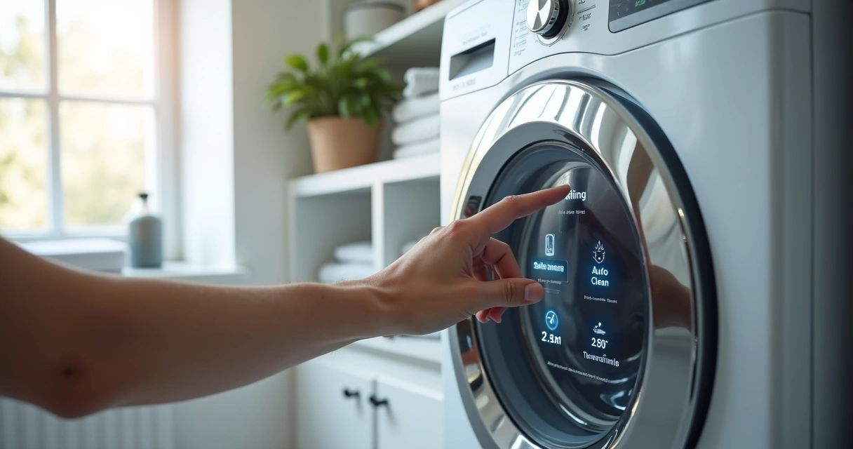 Pessoa seleciona programa de autolimpeza em painel digital de máquina de lavar moderna