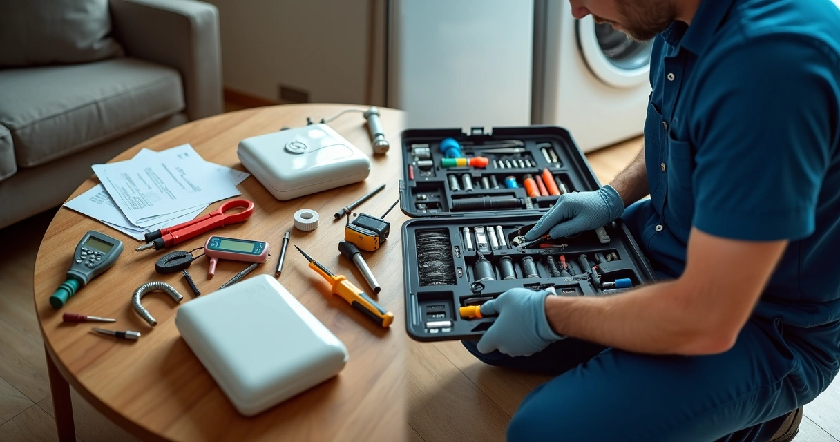 Kit de reparo doméstico sobre a mesa contrastando com ferramentas de técnico profissional