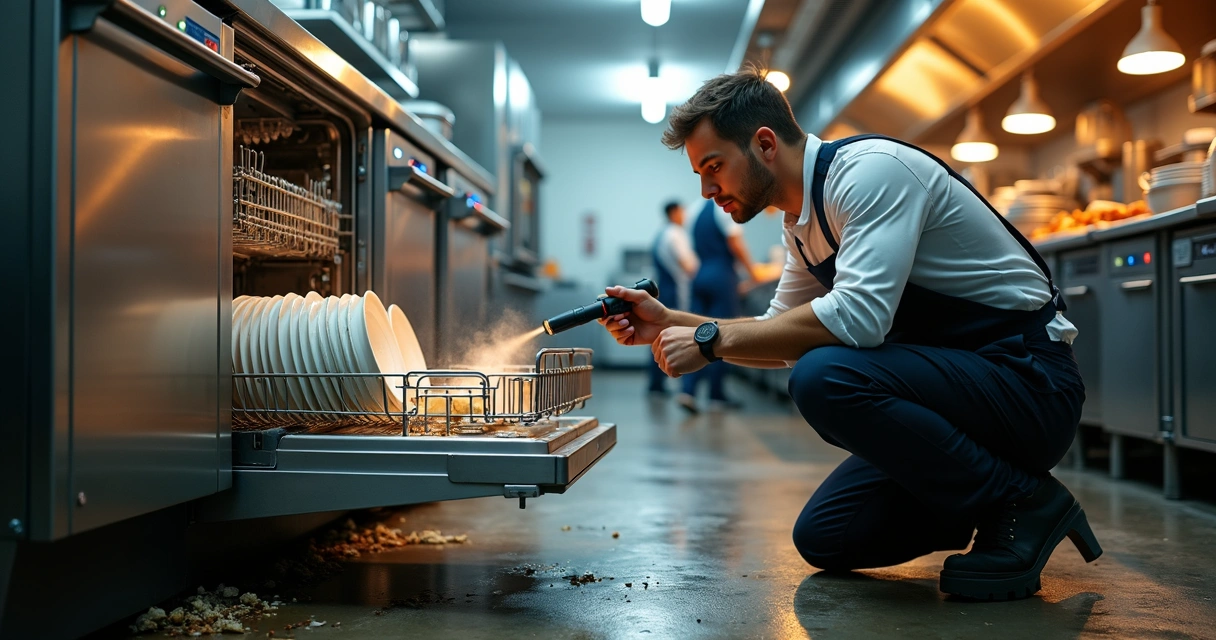 Técnico examina lava-louças comercial aberta em cozinha industrial movimentada